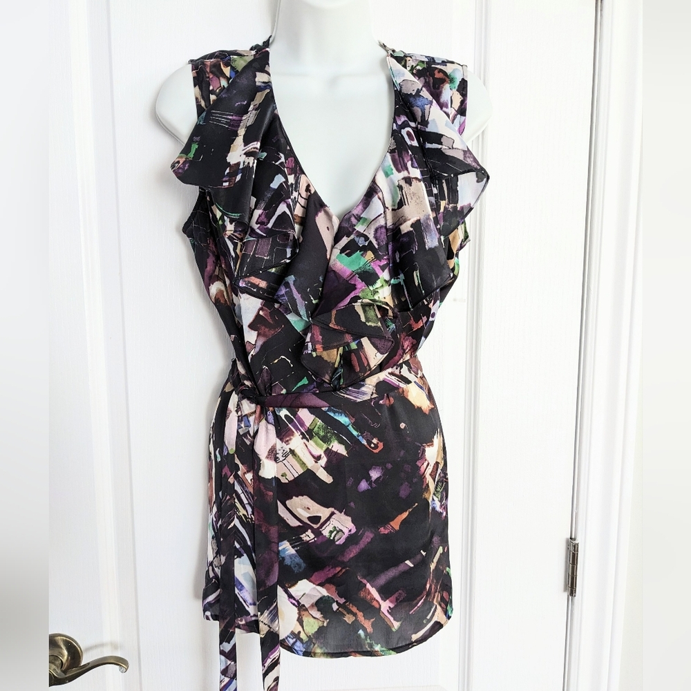Jasper Conran London ruffle long tunic blouse abstract print belted Black Medium